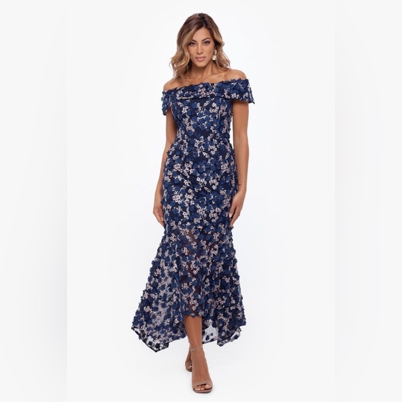 Xscape Dresses & Skirts - Xsape Raised Flower Off Shoulder Flounced Gown in Blue Pink Combo Size 16W.